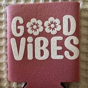 White Glitter Good Vibes with Flowers Pink Can Koozie
